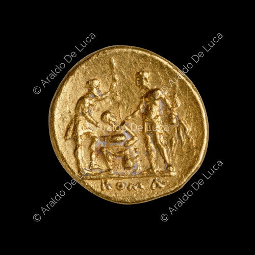 Scena di giuramento , statere o mezzo statere aureo romano repubblicano