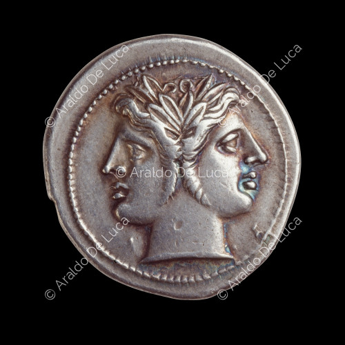 Cabeza de Jano o cabeza Janiforme de los Dioscuros , Cuadrigata - Didracma republicano romano