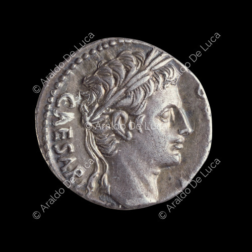 Lorbeerkopf des Augustus, römischer kaiserlicher Denar, geprägt von Augustus