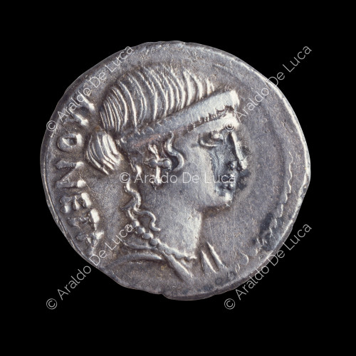 Kopf der Juno Münze, römisch-republikanischer Denar des T. Carisius
