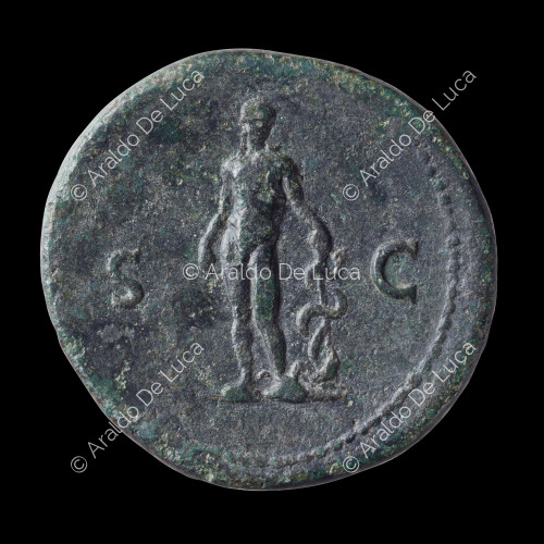 Esculapio, sestercio imperial romano acuñado por Galba