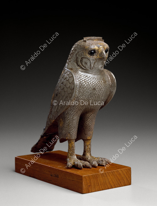 Silver statue of Horus with the likeness of a falcon