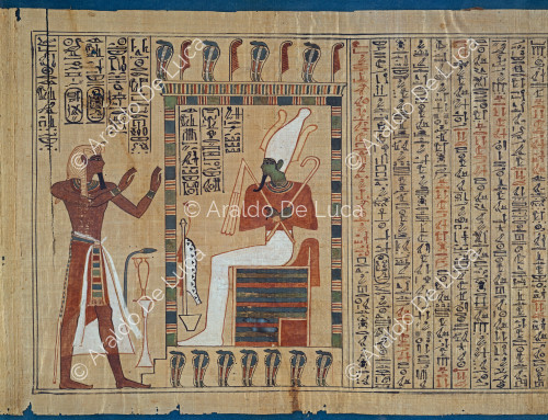Livre des morts de Pinedjem Ier. Détail avec Pinedjem I devant Osiris