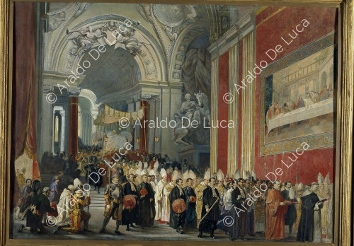 Pius IX. steigt von der Scala Regia im Vatikan herab