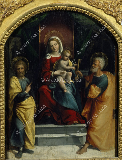 Thronende Madonna mit Kind zwischen den Heiligen Paulus und Petrus