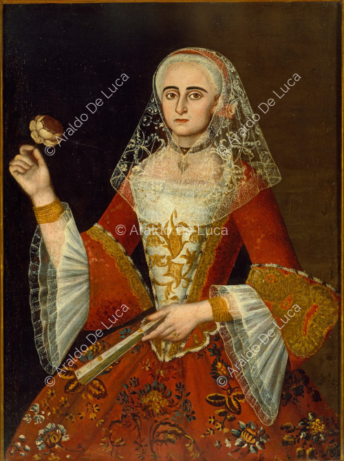 Maltese lady with embroidered dress and veil