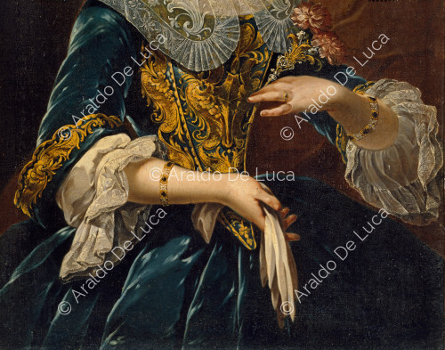 Maltese lady in a blue velvet dress.Detail