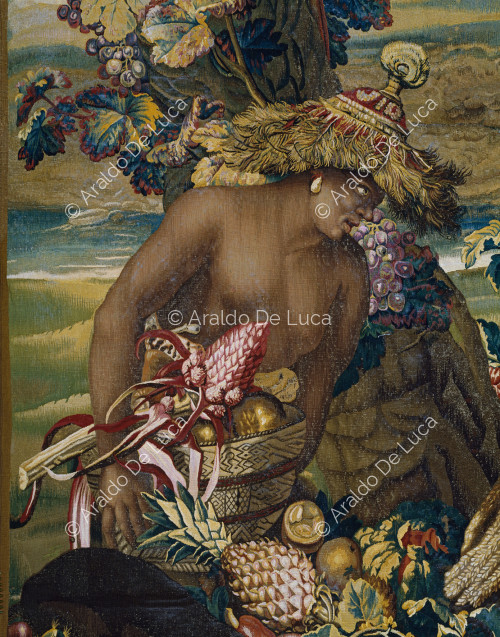 The Elephant in the Jungle. Detail of a man picking fruit
