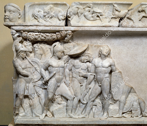 Sarcophagus decorated with battle scenes between warriors and barbarians. Detail