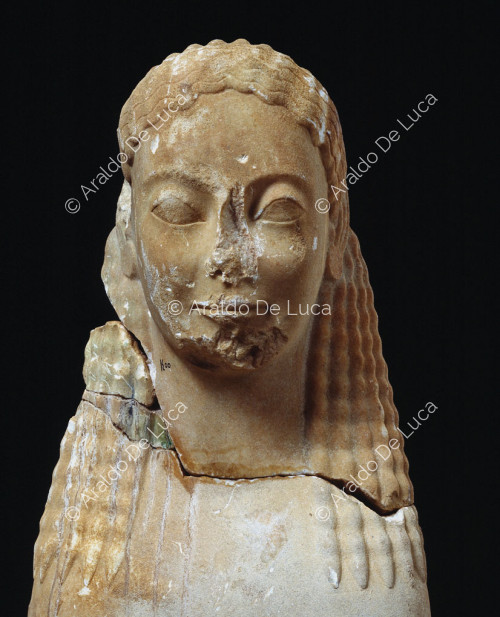 Archaic sphinx. Detail of the face