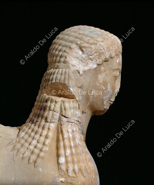 Archaische Sphinx. Detail des Gesichts