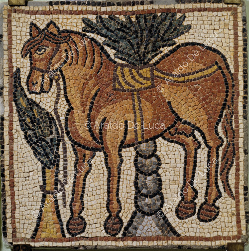 Mosaico policromo con cavallo al pascolo
