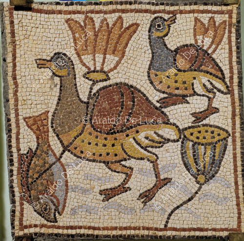 Polychrome mosaic with duck fish and lotus flowers