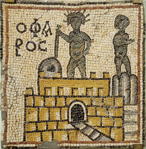 Mosaico policromo con el Faro de Alejandría
