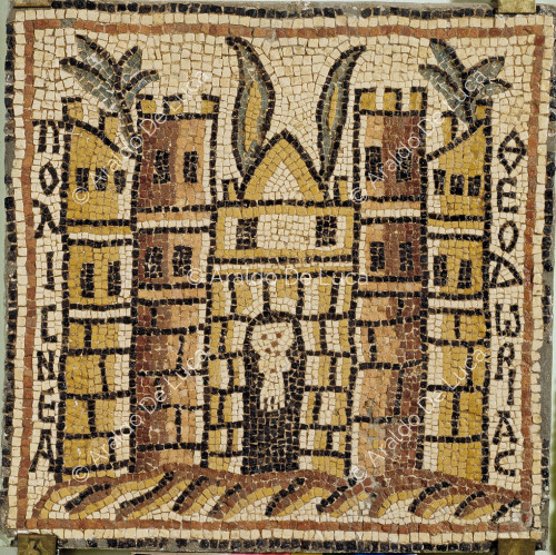Polychrome mosaic with the city of Theodoria