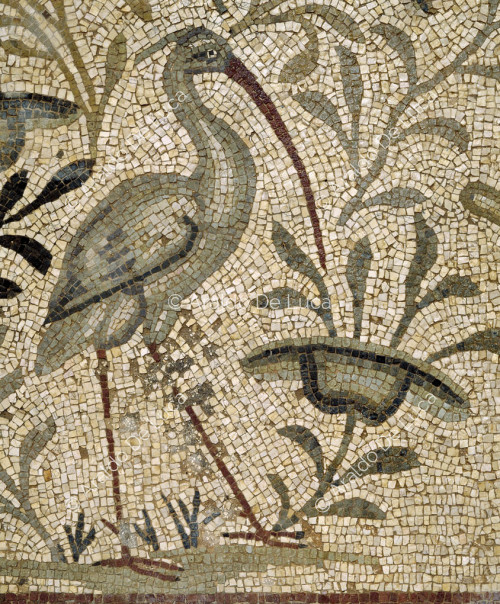 Mosaik mit Pygmäen. Detail mit Flamingo