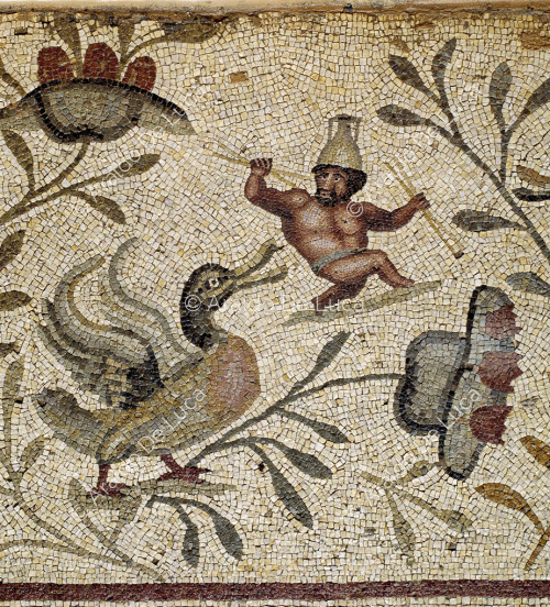 Mosaico con pigmeo y pato. Detalle