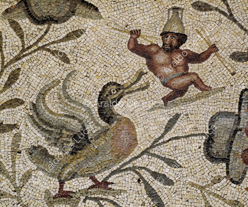 Mosaico con pigmeo y pato. Detalle