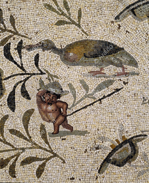 Mosaik mit Pygmäe und Ente. Ausschnitt