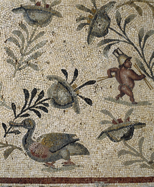 Mosaic with pygmies and ducks. Detail with pygmy