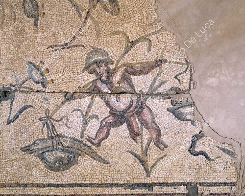 Mosaico con pigmeos y fauna marina. Detalle