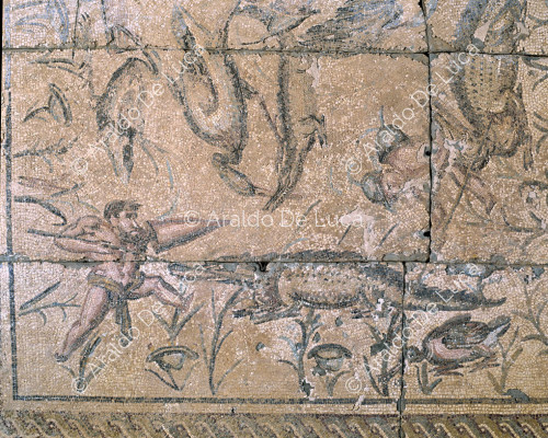 Mosaik mit Pygmäen und Meeresfauna. Ausschnitt