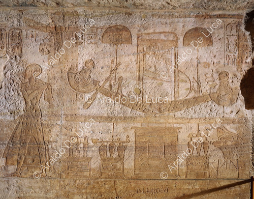 Ramesses bareheaded before his deified self; Ramesses offering incense and libations before the boat of his deified self. Detail
