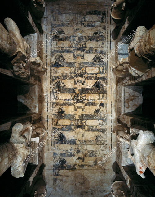 Großer Saal mit Säulen: Detail der Decke mit der Geiergöttin Nekhbet