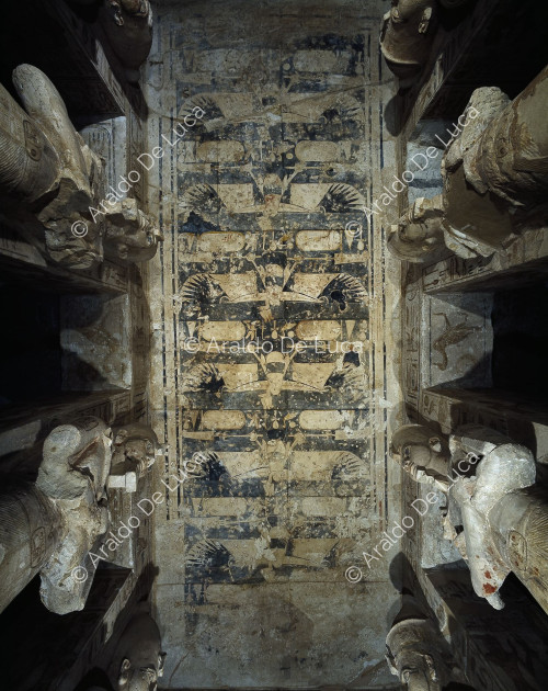 Grande salle à piliers : détail du plafond avec la déesse vautour Nekhbet