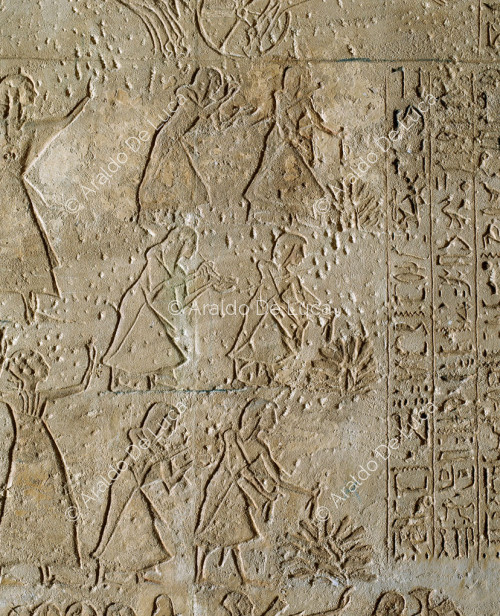 Mur de la bataille de Qadesh. Des scribes comptent les mains coupées des captifs hittites.