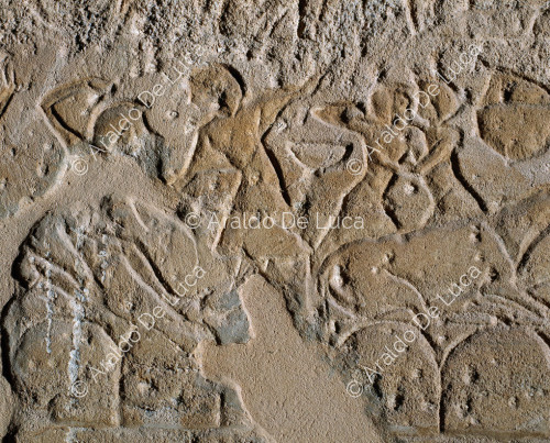 Wall of the Battle of Qadesh. Brawl between Egyptian and Hittite horsemen
