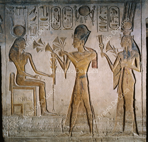Rameses and Nefertari make offerings to Hathor