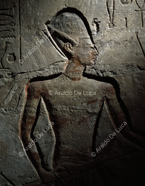 Tempel von Ramses II. Große Halle. Detail mit dem Pharao