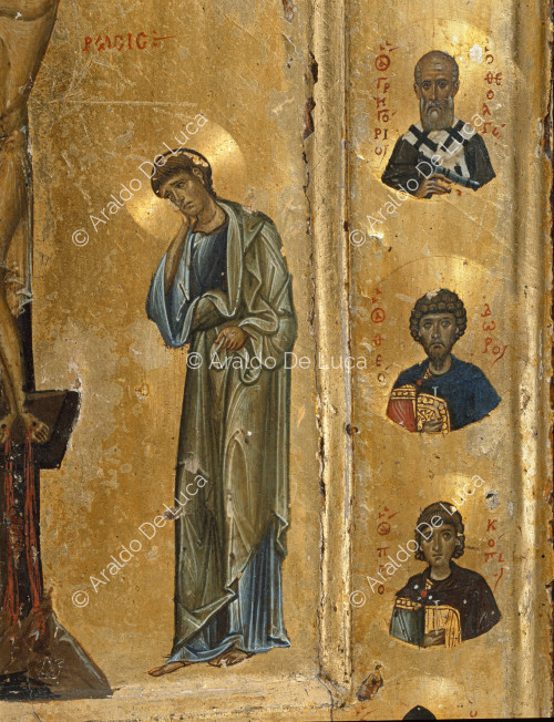 Icono con Crucifixión y Santos. Detalle