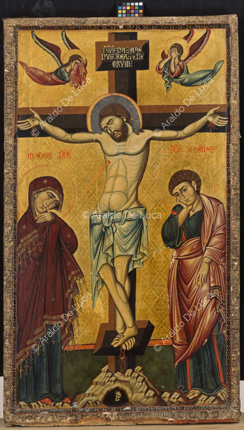 Icono de dos caras con la Crucifixión y la Resurrección. Cara de la Crucifixión