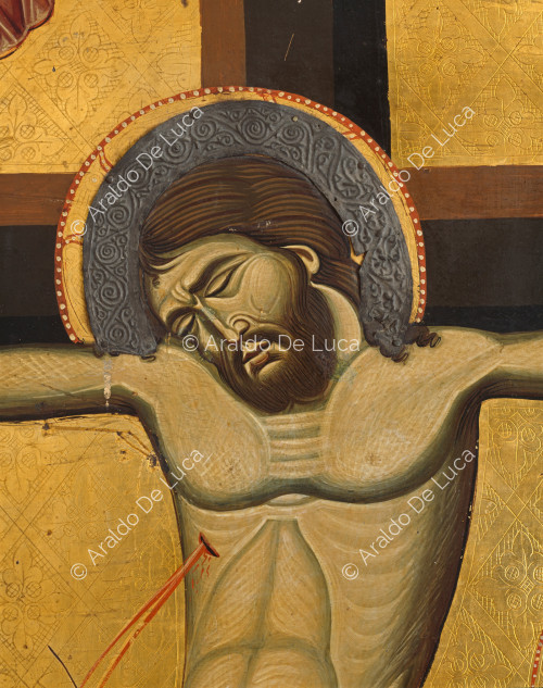 Zweiseitige Ikone mit der Kreuzigung und der Auferstehung. Kreuzigungsseite. Detail mit Christus