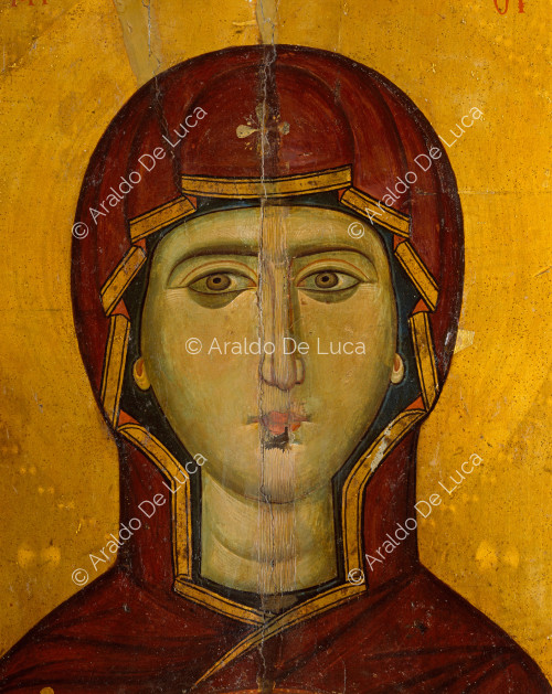 Ikone mit der gekrönten Jungfrau und dem Kind. Detail mit Gesicht der Maria