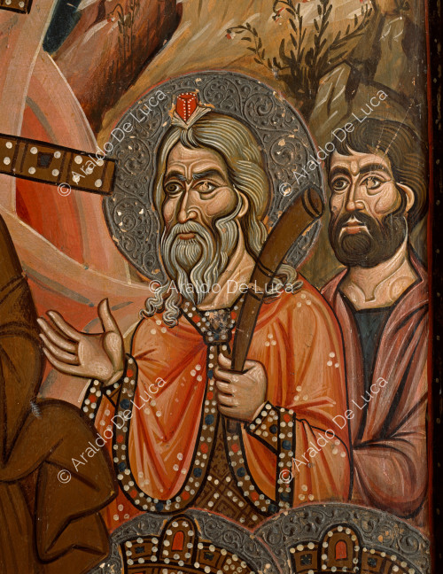 Icono de dos caras con la Crucifixión y la Resurrección. Cara de la Resurrección. Detalle