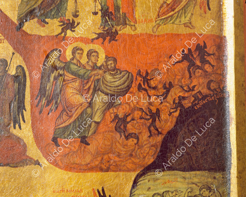 Icon with angels and demons. Detail