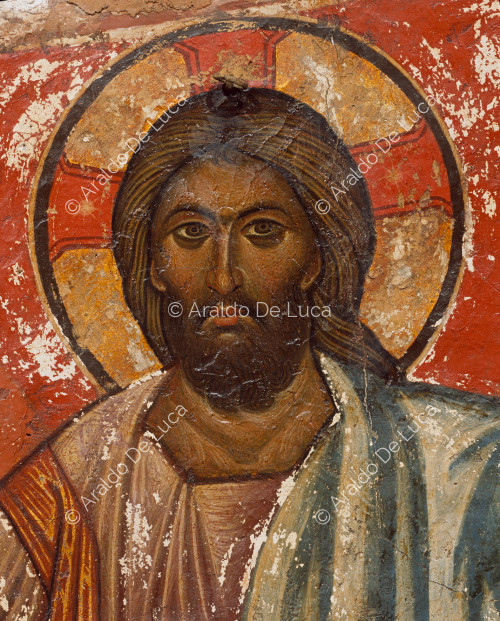 Fresco absidal con Cristo Pantocrátor Virgen y Santos. Detalle con Cristo Pantocrátor