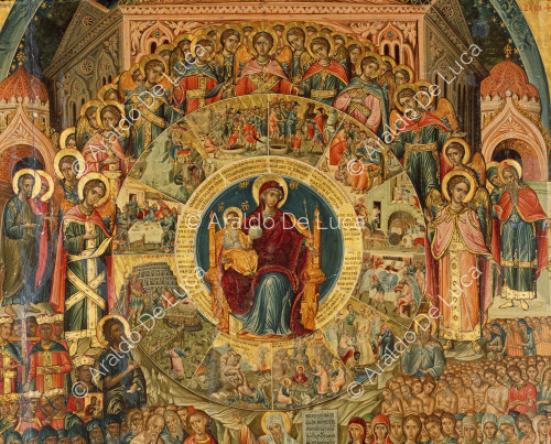 Icono con Virgen entronizada y Niño Jesús y Santos. Detalle