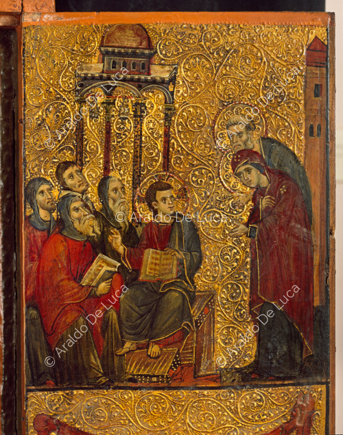 Tríptico con la Virgen entronizada. Detalle con Cristo entre los Doctores en la Sinagoga