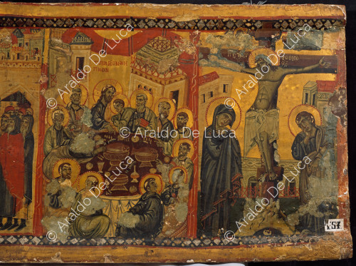 Tafel mit Szenen aus der Passion Christi. Detail mit Abendmahl und Kreuzigung