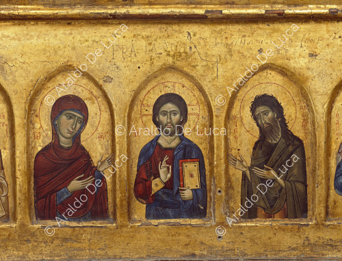 Ikonostase mit Christus zwischen Jungfrau und Heiligen. Detail mit Christus Pantokrator