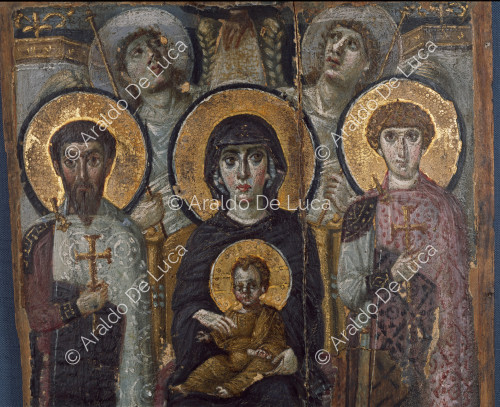 Icona della Vergine in trono fra San Giorgio e San Teodosio. Particolare