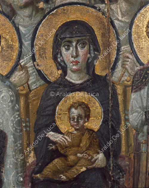 Ikone der thronenden Jungfrau zwischen St. Georg und St. Theodosius. Detail der Jungfrau mit Kind.