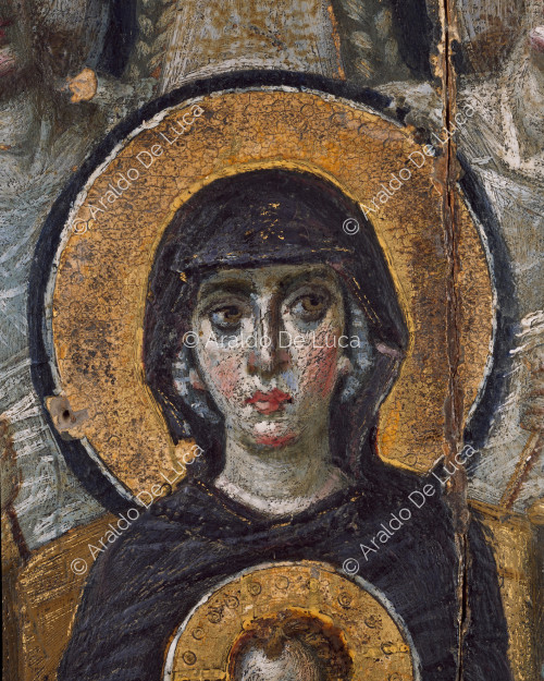 Icona della Vergine in trono fra San Giorgio e San Teodosio. Particolare della Vergine