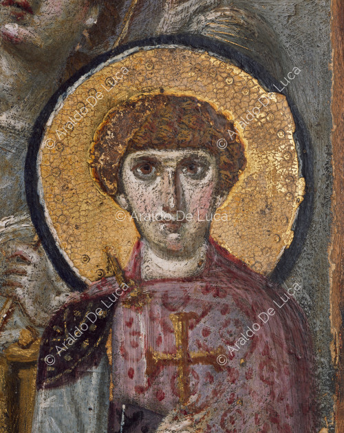 Ikone der thronenden Jungfrau zwischen St. Georg und St. Theodosius. Detail mit dem Heiligen
