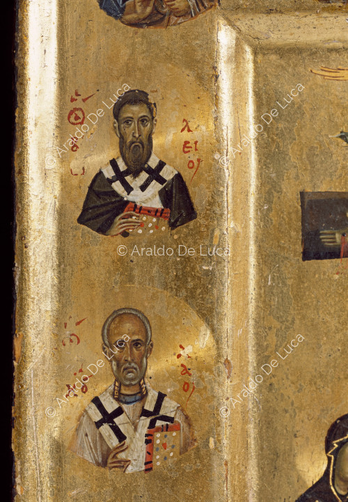 Ikone mit Kreuzigung. Detail mit Aposteln