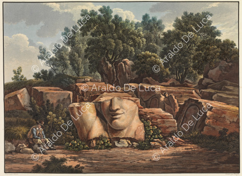 Cabeza de uno de los gigantes del templo de Zeus Olímpico, en Agrigento - Viaje pintoresco en Sicilia dedicada a su altura real la Señora Duquesa de Berry. Primer tomo